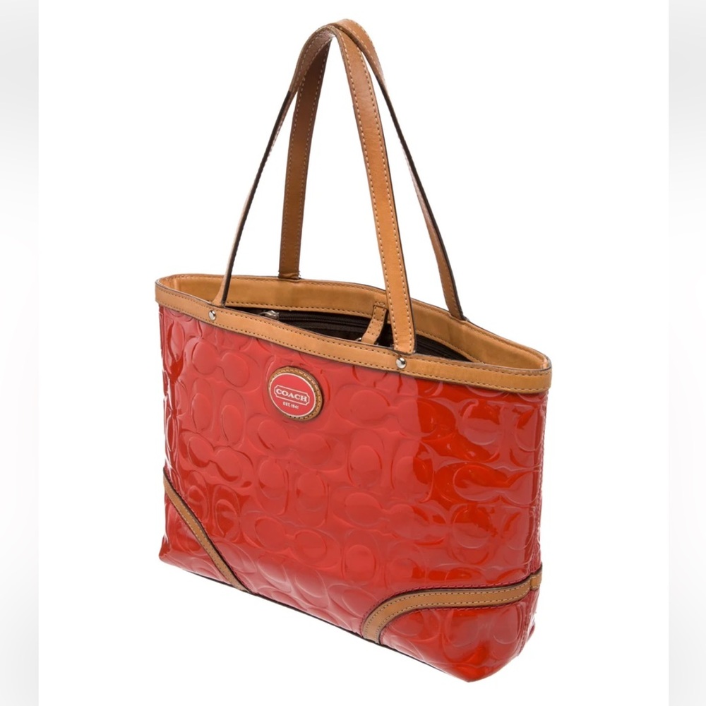 Coach Orange Patent Tote with Top Handle Tan Leather Trim - Picture 3 of 8